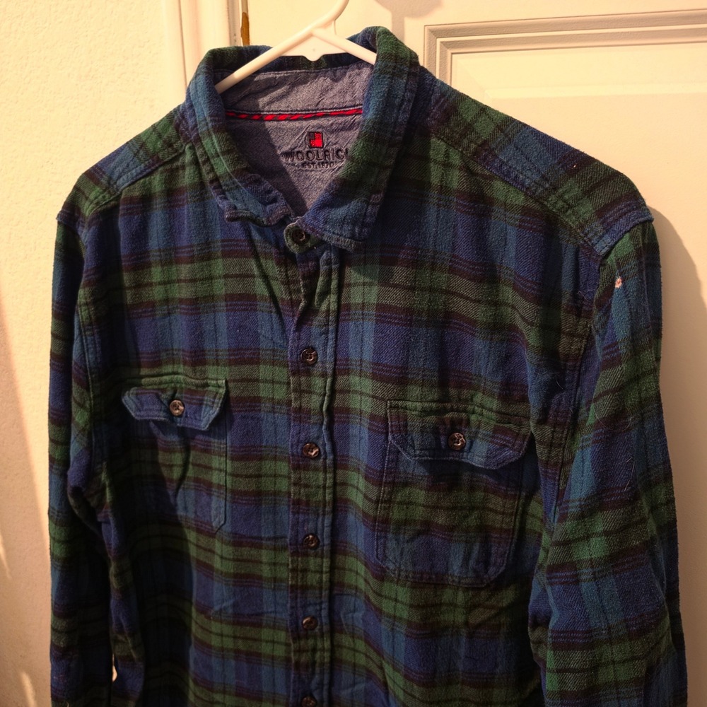 Woolrich Mens XL Flannel Shirt Blue Green Plaid Long Sleeve Cotton Button Down